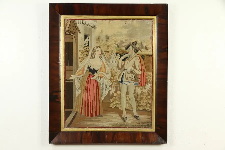 Photo of Renaissance Scene Antique Needlepoint Tapestry, Rosewood Frame