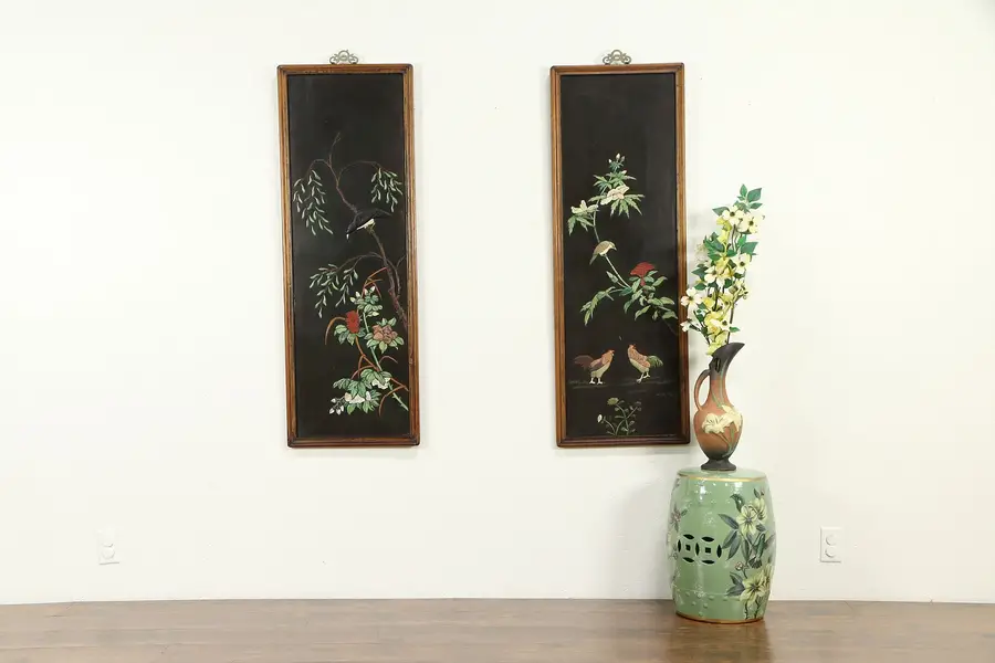 Photo of Chinese Antique Pair of Lacquer, Jade & Pearl Plaques, Bird Motifs