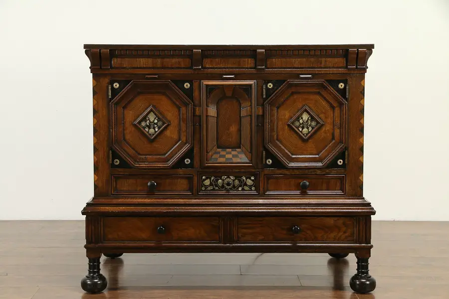 Photo of Victrola Phonograph, Antique Bar Cabinet, Pearl Marquetry & Scene