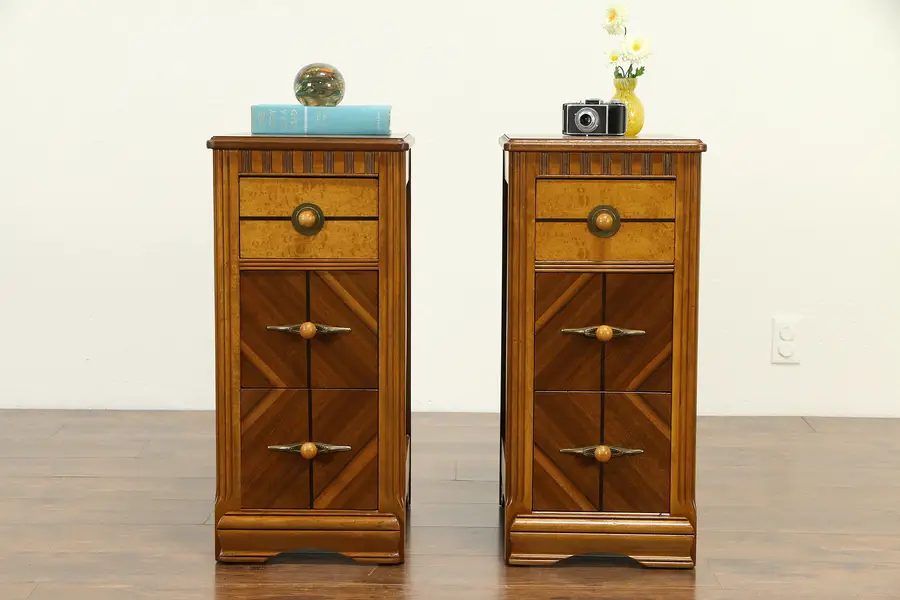 Photo of Pair of Art Deco Night Stands or End Tables, Curly Birdseye Maple