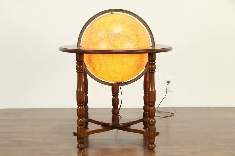 Photo of Lighted 16" Globe of The World, Vintage Cherry Base, Signed Geo. Cram