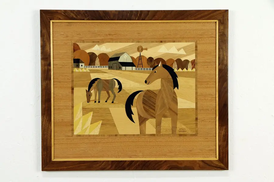 Photo of Horse Farm in Original Marquetry, Custom Exotic Frame, Bruce Bodden