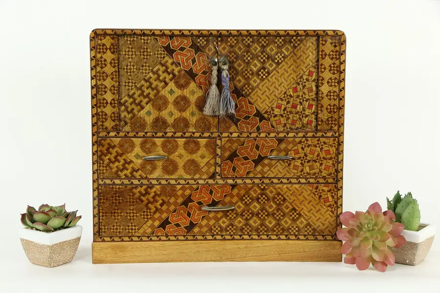 Photo of Japanese Inlaid Marquetry Vintage Jewelry Chest, Tambour Doors