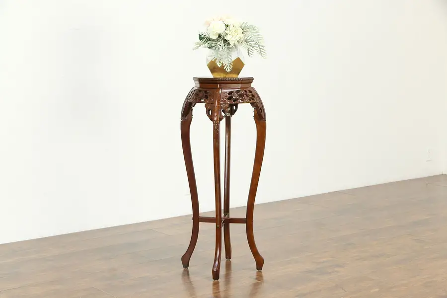 Photo of Carved Chinese Rosewood Vintage Plant Stand or Sculpture Pedestal, Marble