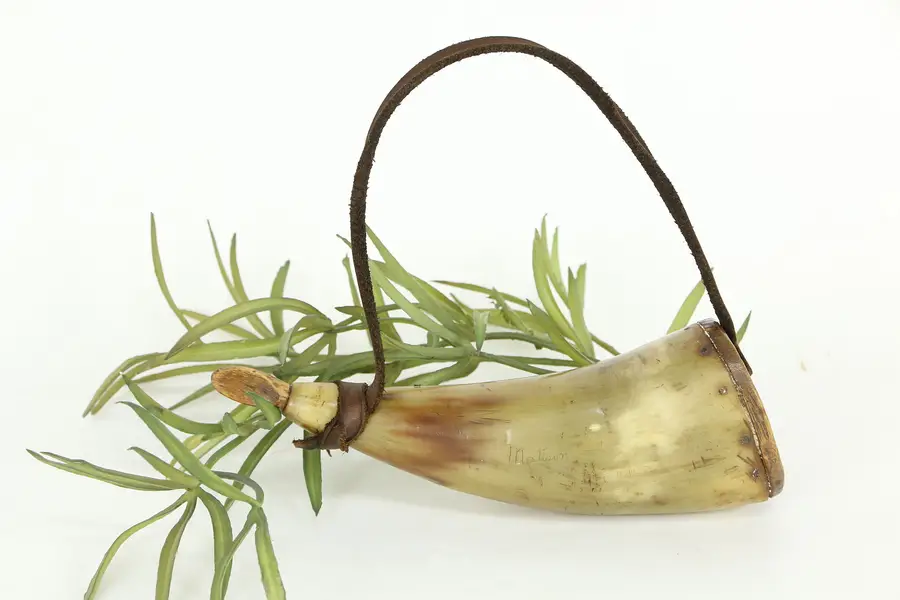 Photo of Carved Antique Black Gun Powder Horn, Leather Strap