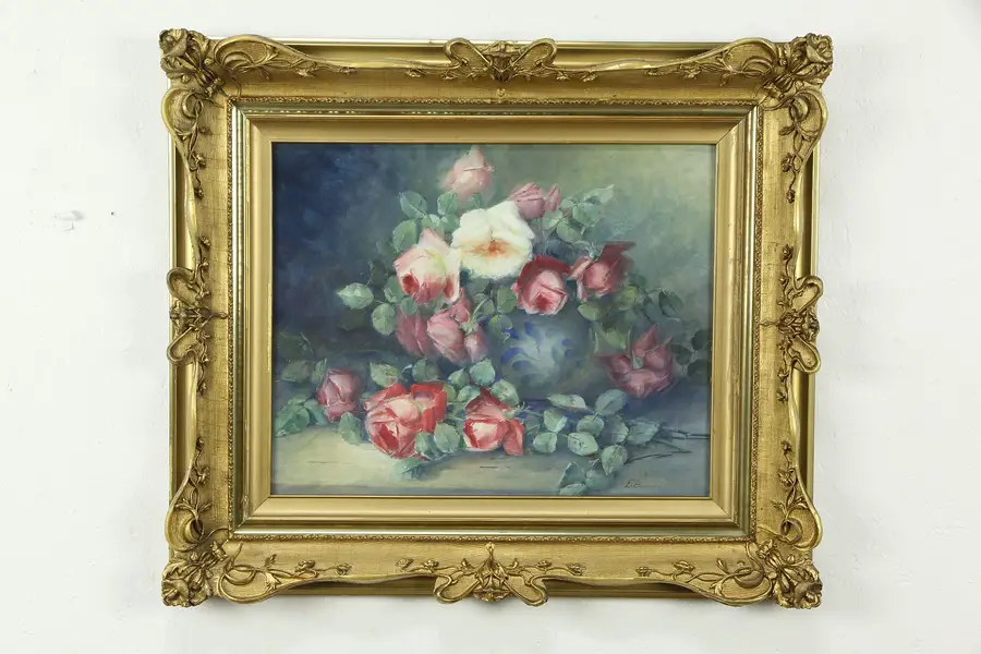 Photo of Victorian Antique Roses Still Life Original Watercolor Painting 29"