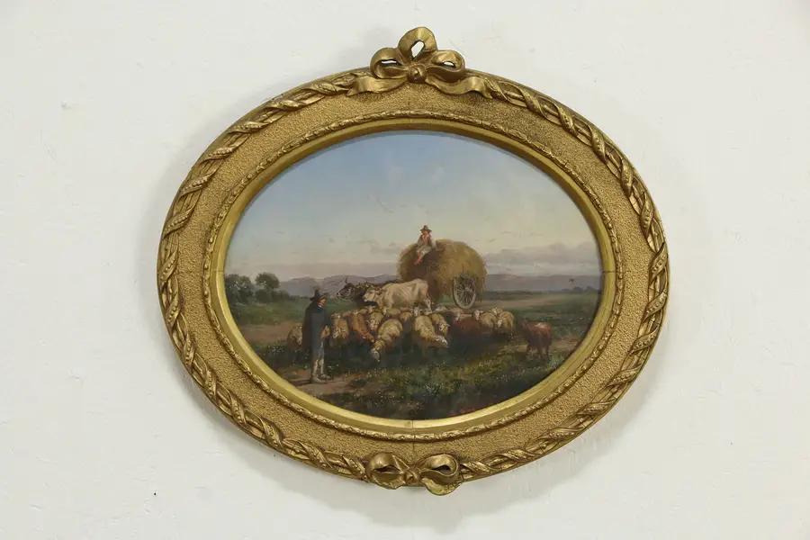 Photo of Farm Scene Oval Antique Original Italian Painting, A Milone 1868 19"