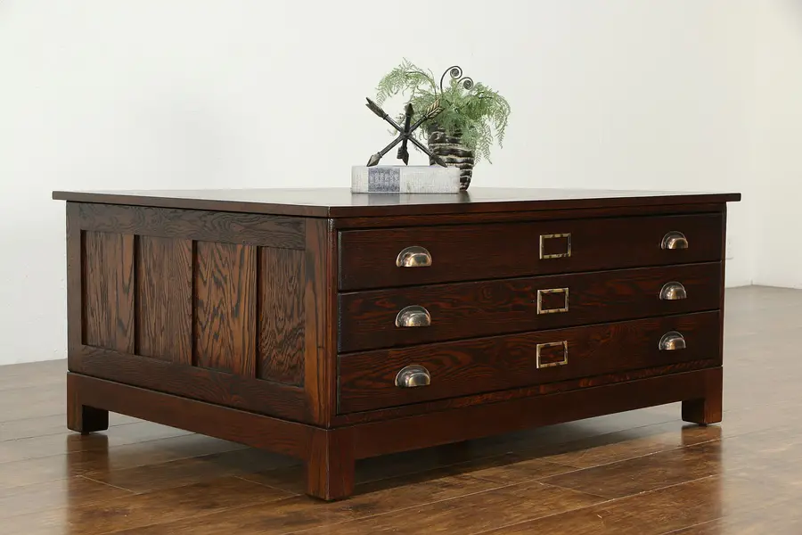 Photo of Oak Vintage Map Chest, Collector or Document File Coffee Table