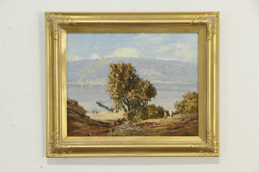 Photo of Australian Vintage Waterfront Harbor Scene Original Oil Painting 19"