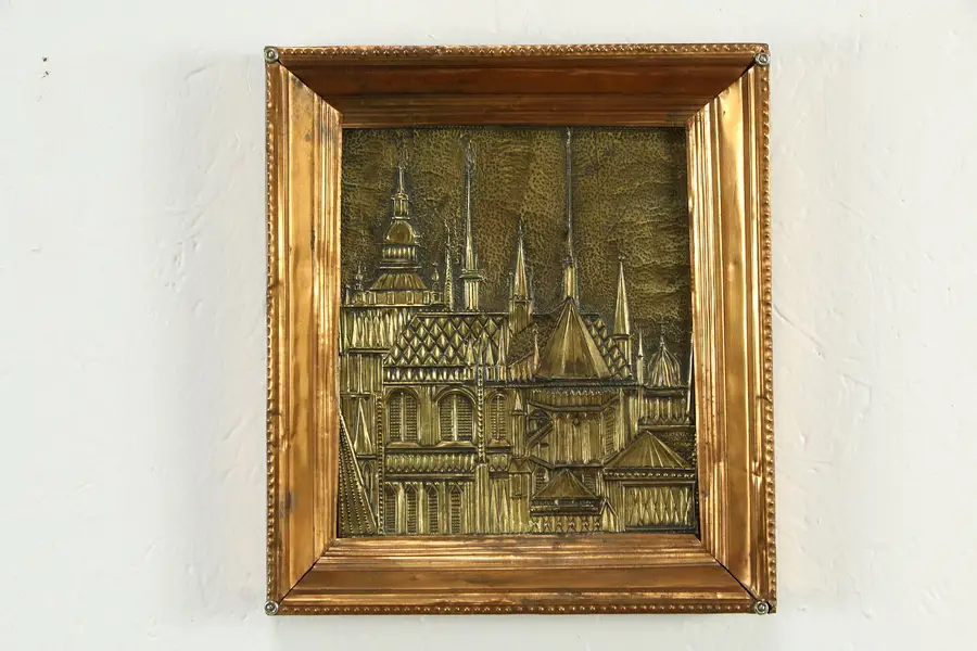 Photo of Gothic Towers Antique Hammered Bronze Plaque, Copper Frame
