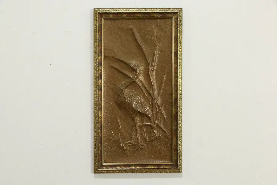 Photo of Copper Antique Arts & Crafts Hand Hammered Plaque of Cranes 33"