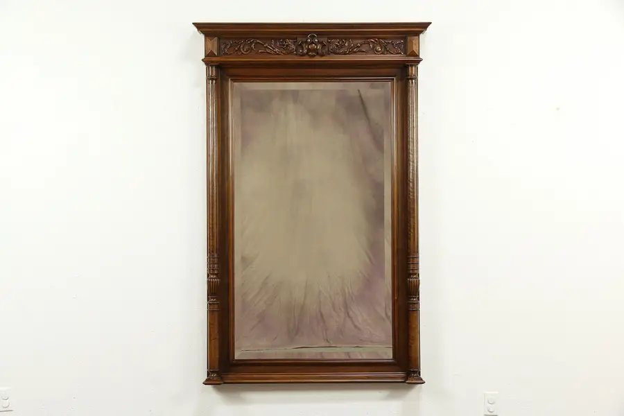 Photo of Walnut French Antique Hall or Mantel Mirror, Carved Dragons & Columns