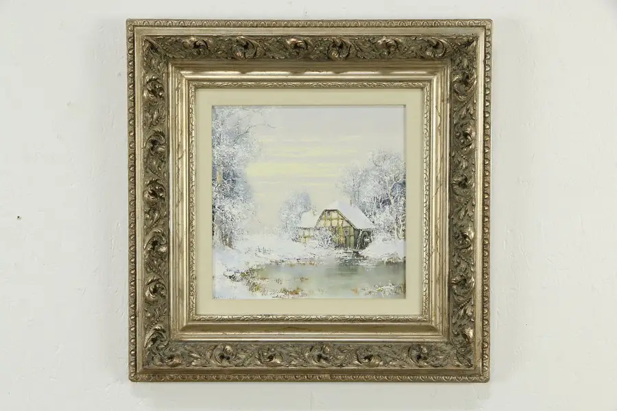Photo of Old Mill & Water Wheel in Winter Vintage Original Oil Painting 21"