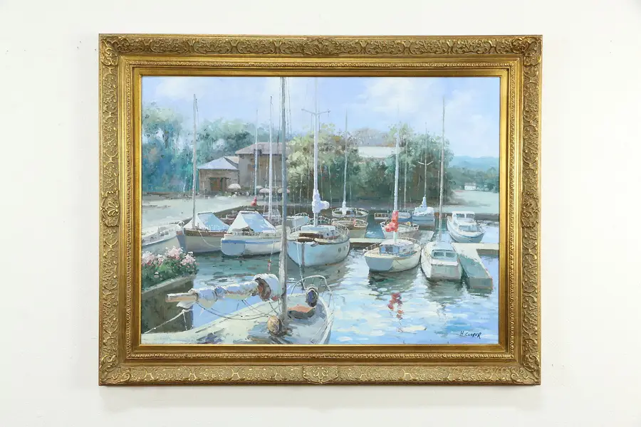 Photo of Summer Harbor & Sailboats Original Oil Painting on Canvas H. Cooper 58"