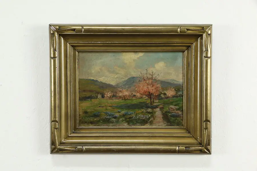 Photo of Orchard in Spring Original Antique Oil Painting M. Valencia 21"