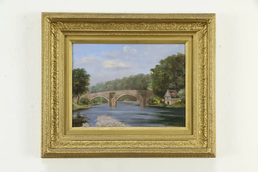 Photo of Bridge in Ruins Vintage British Original Oil Painting, D. Carmichael 24"