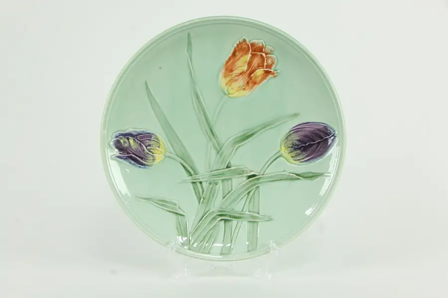 Photo of Majolica Antique 9 1/2" Plate, Hand Painted Tulips, Made in Germany