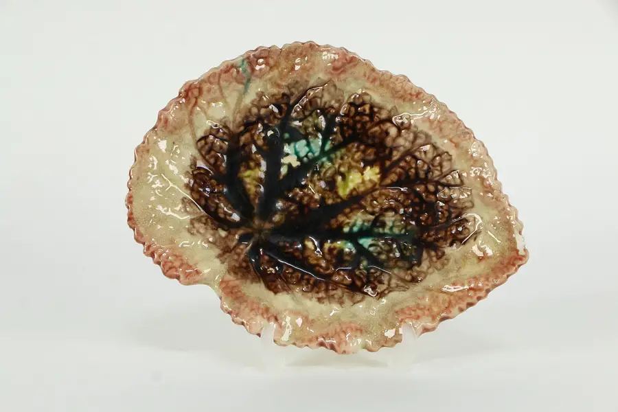 Photo of Victorian Majolica Begonia Antique 8" Leaf Plate, Chips