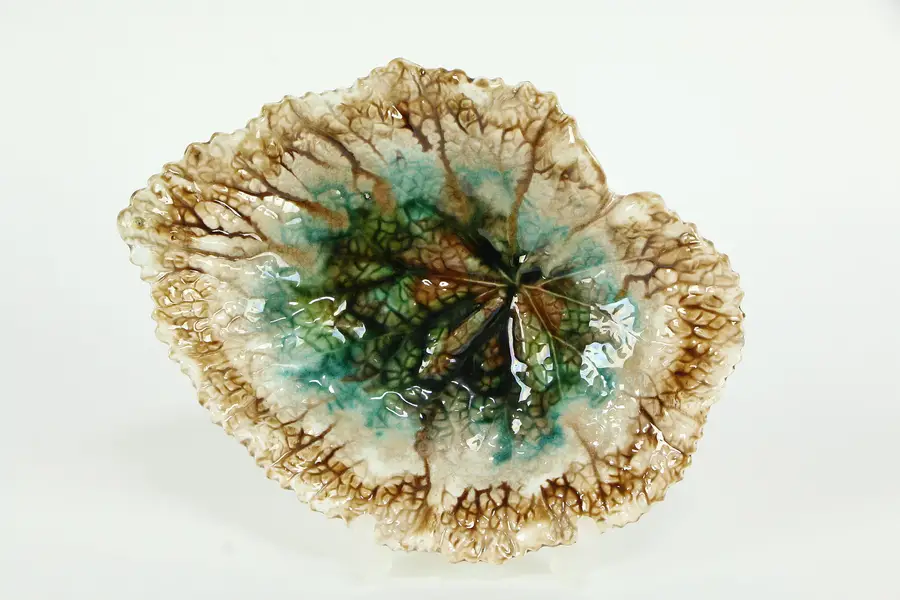 Photo of Victorian Majolica Begonia Antique 8" Leaf Plate, Chips