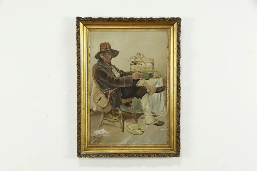 Photo of Fisherman Portrait Oil Painting Signed WMR After Lawrence Earle 1910 29"