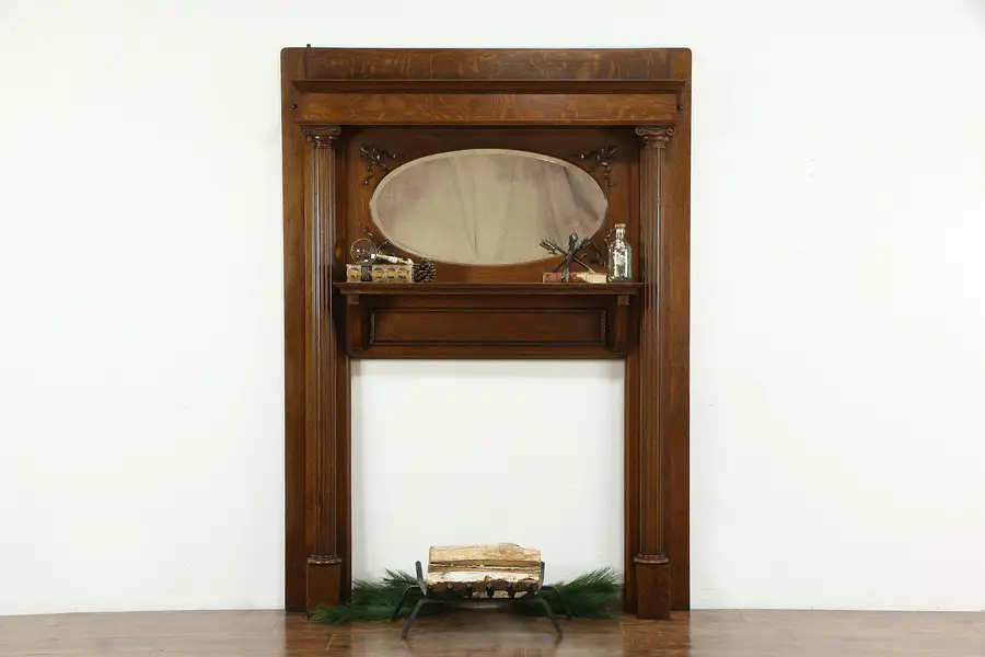 Photo of Victorian Antique Oak Architectural Salvage Fireplace Mantle & Mirror