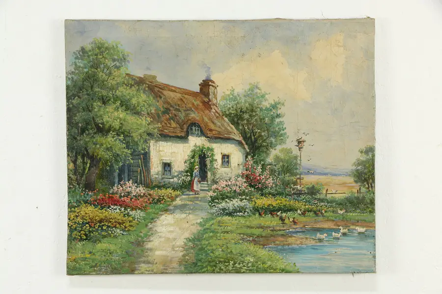 Photo of Cottage & Duck Pond in Summer Antique Original Oil Painting, Karsten 28"