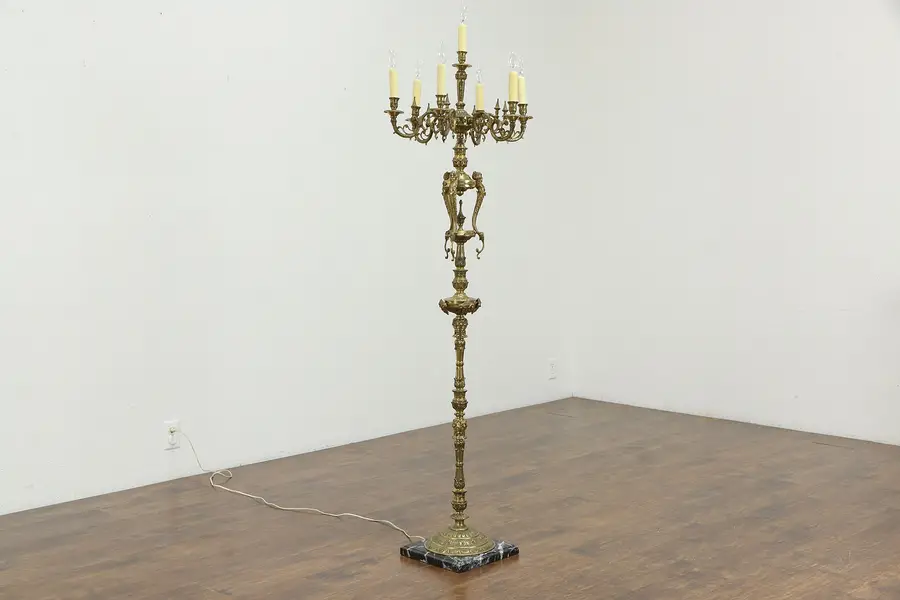 Photo of Marble Base Floor Lamp or Chandelier, 7 Candles, Brass Lion Heads
