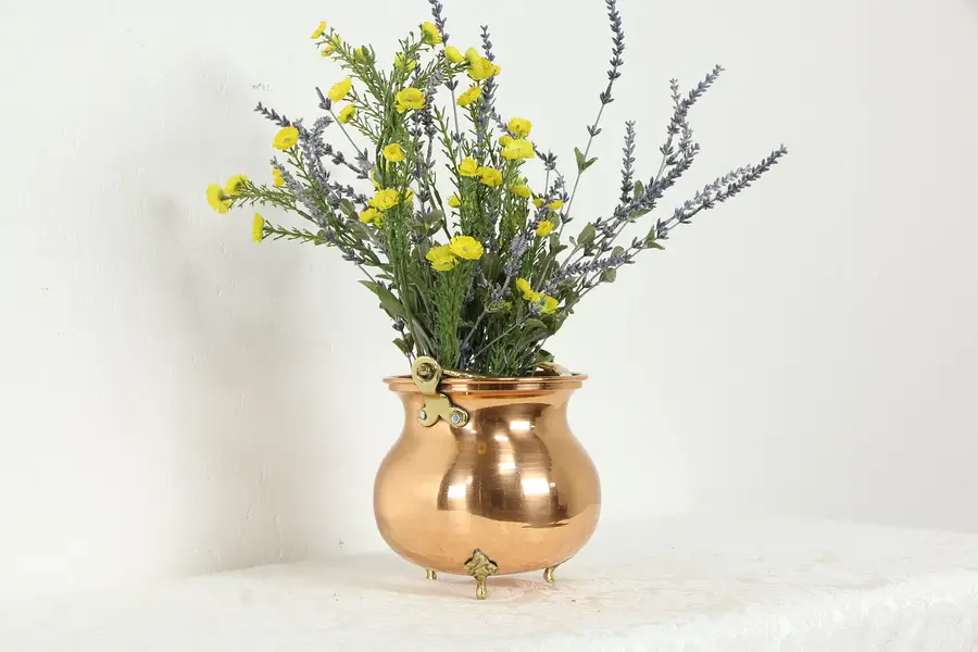 Photo of Copper Vintage Hand Hammered Israeli Farmhouse Cooking Pot, Brass Feet