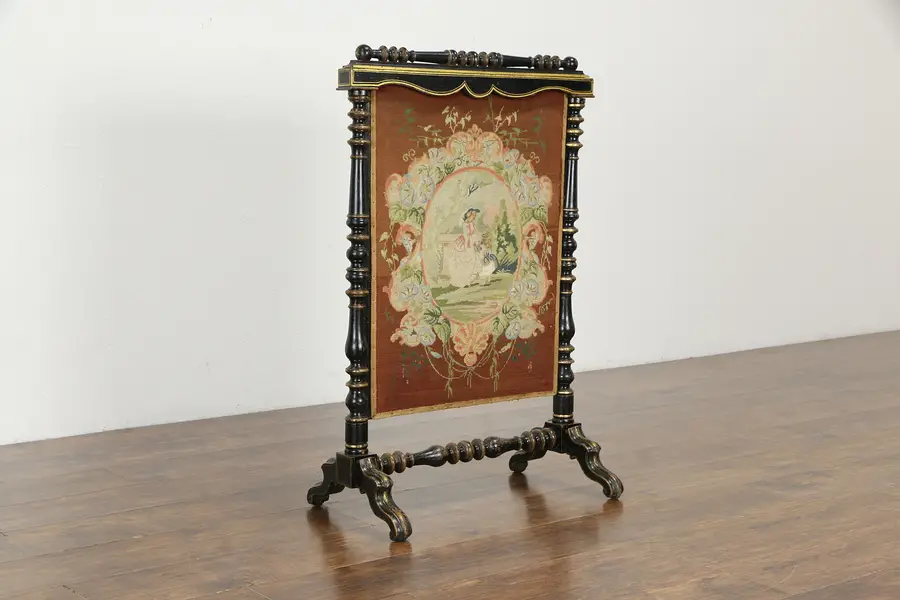 Photo of Victorian Antique 1850 English Fireplace Hearth Fire Screen, Needlepoint