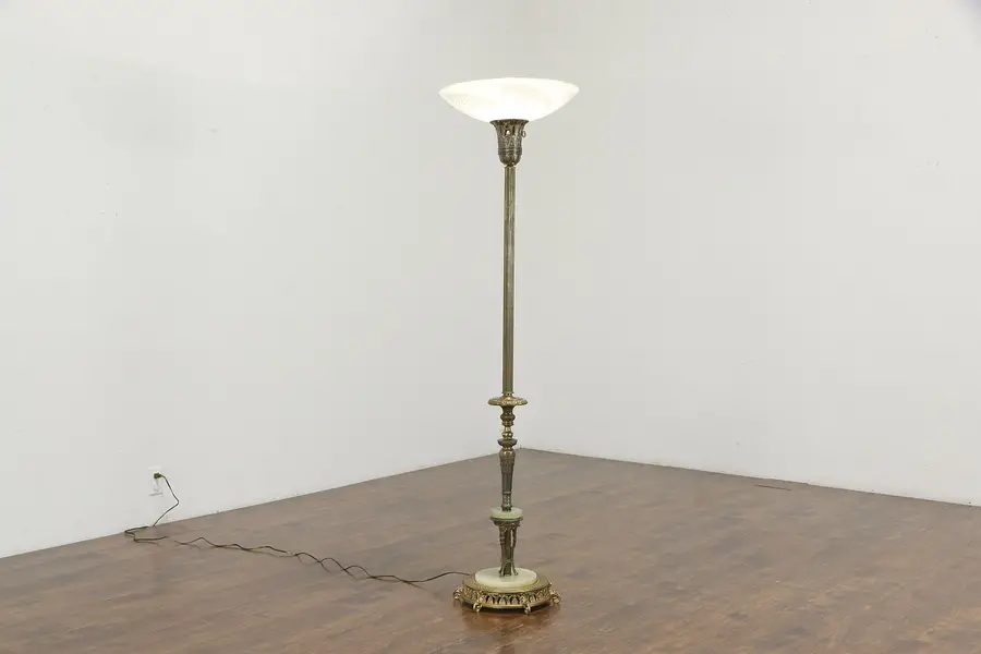 Photo of Torchiere Vintage Floor Lamp, Onyx & Brass Mounts, Etched Glass Shade