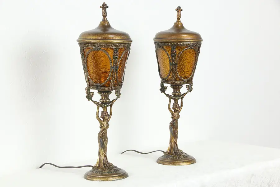 Photo of Art Nouveau Pair of Antique Figural Lamps, Amber Stained Glass Shades