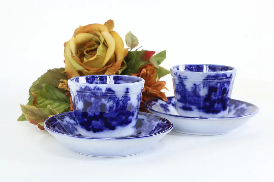 Photo of Victorian English Flow Blue Antique China Cup and Saucer Pair, Scinde