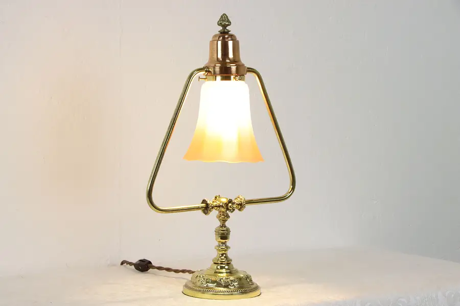 Photo of Brass & Copper Antique Embossed Desk Lamp, Art Glass Shade