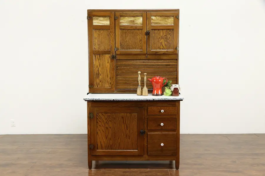 Photo of Oak Hoosier Antique Kitchen Pantry Farmhouse Cupboard, Stained Glass