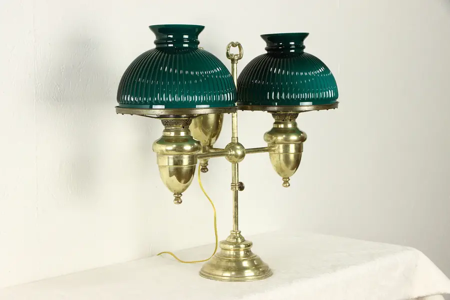 Photo of Victorian Antique Brass Double Student Desk Lamp, Emerald Shades