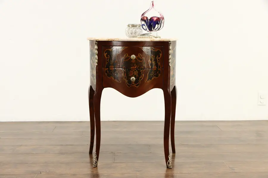 Photo of Marquetry Vintage Marble Top Chest, End Table or Nightstand