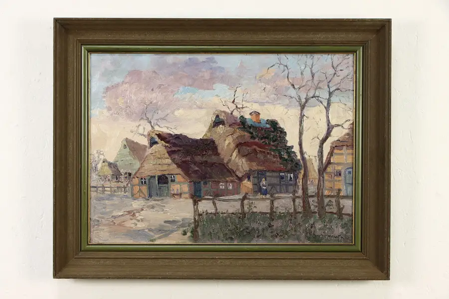 Photo of Thatched Country Cottages Original Vintage Oil Painting Signed 27.5"