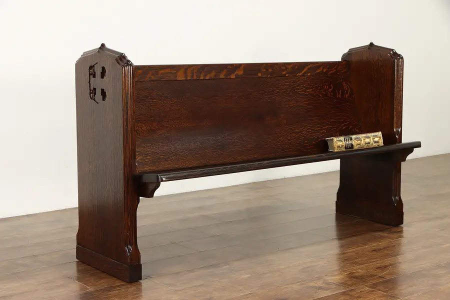 Photo of Oak Antique 65" Pew or Hall Bench, Carved Greek Cross