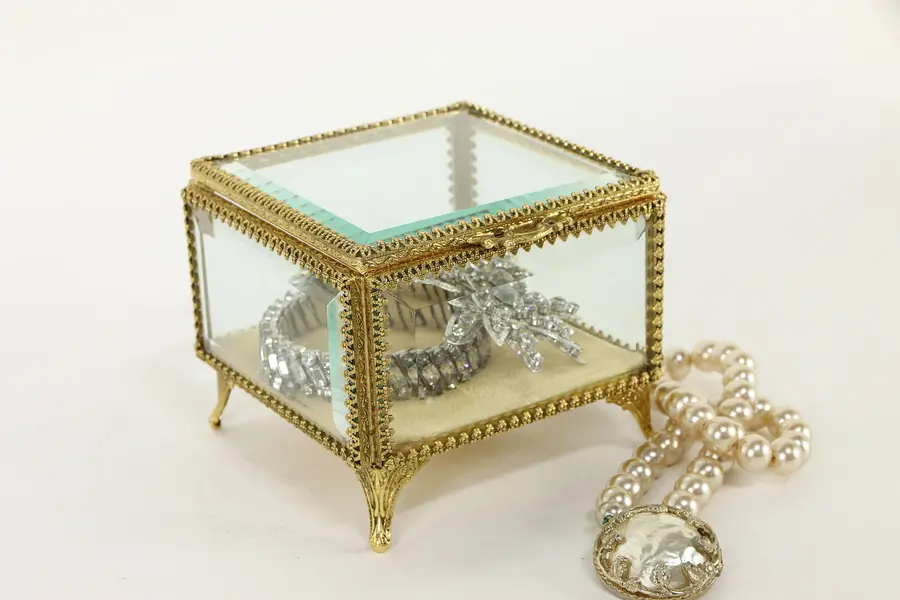 Photo of Gold Plated Filigree Vintage Jewelry Box, Beveled Glass & Velvet