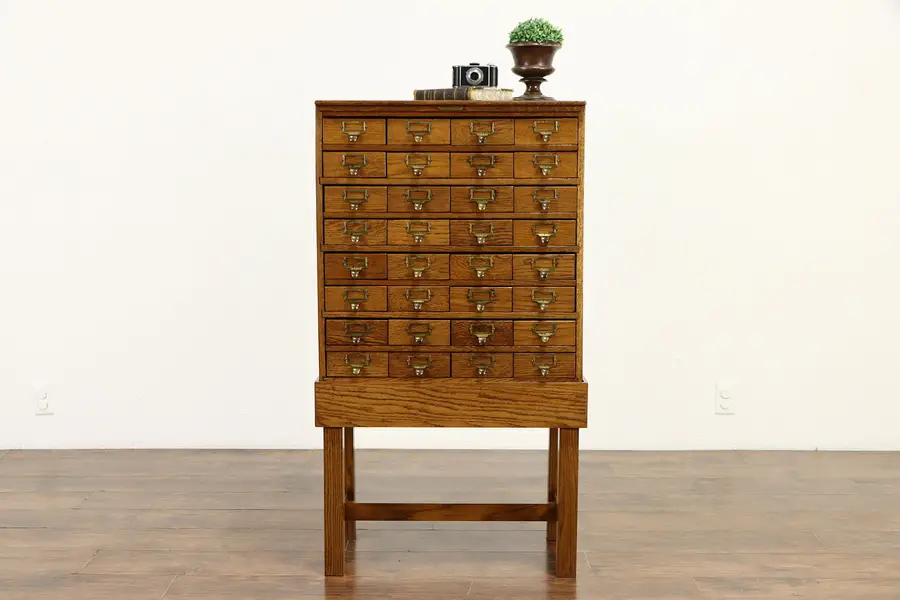Photo of Oak Antique 32 Drawer Collector, Crafts, or Parts File, Warren Chicago