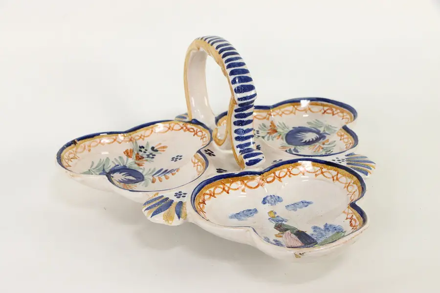Photo of Henriot Quimper Signed Triple Serving Tray, Hand Painted Brittany, France