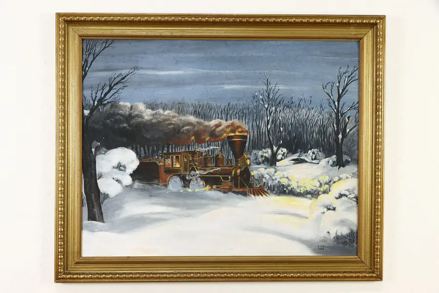 Photo of Winter Scene with Steam Train Original Oil Painting, CAB 1954 32 1/2"
