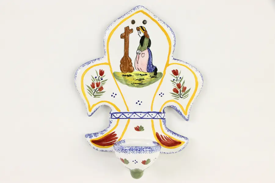 Photo of Henriot Quimper Signed Holy Water Holder, Hand Painted Brittany, France