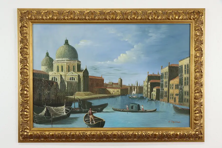 Photo of Venice Canal & Gondolas Original Oil Painting Arthur Learman 42 1/2"