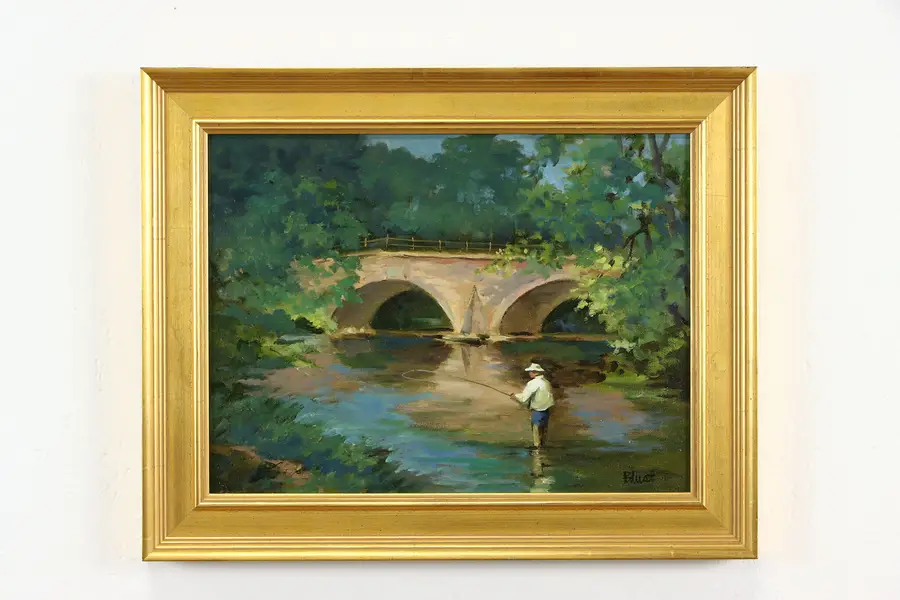 Photo of Fishing in the Breeches Boiling Springs Original Oil Painting E Blust 20"