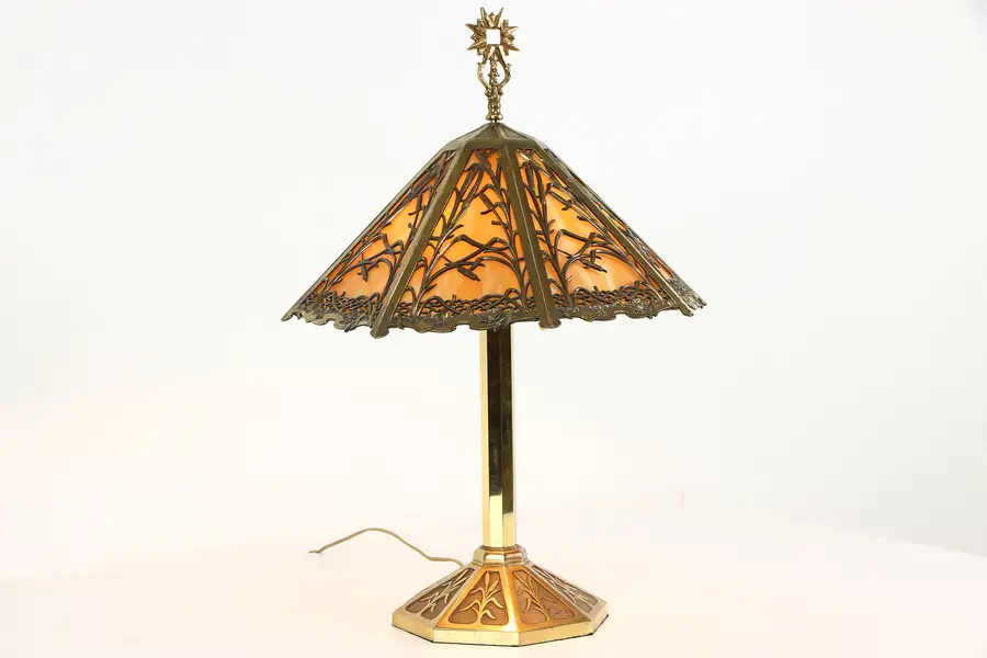 Photo of Cat Tails Design Antique Lamp, Stained Glass Octagonal Shade