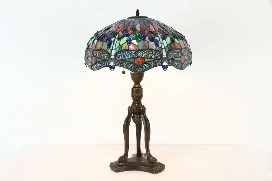 Photo of Tiffany Design Stained Glass Dragonfly Vintage Bronze Lamp