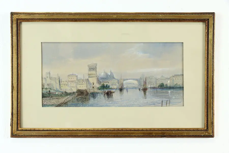 Photo of Harbor at Naples Italy Original Antique Watercolor Painting 20 1/2"