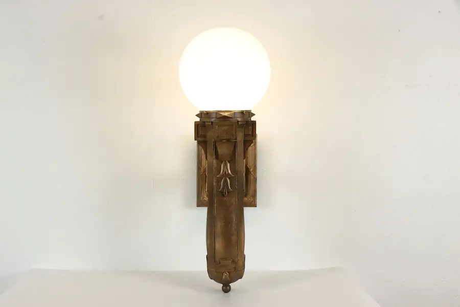 Photo of Art Deco Cast Bronze Antique Architectural Salvage Wall Sconce & Globe