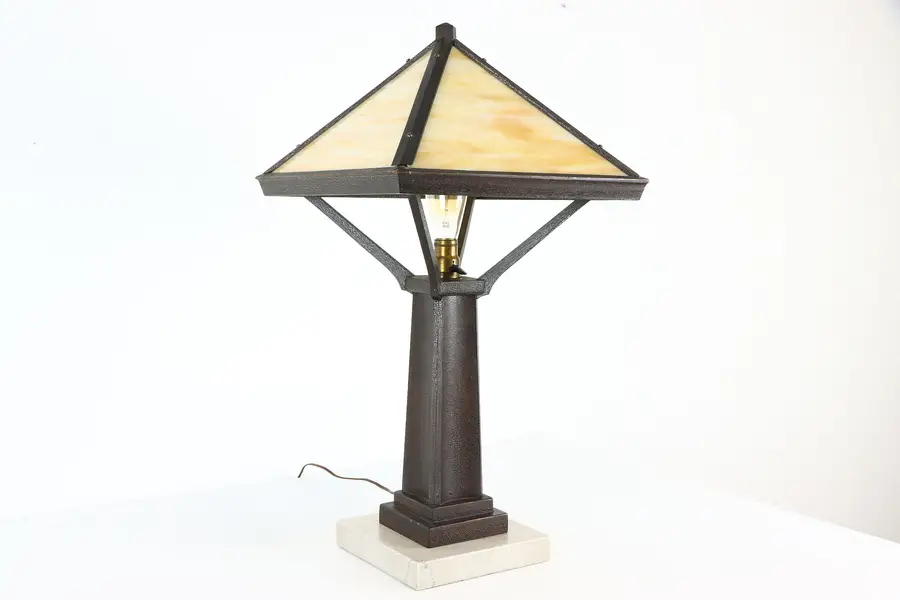 Photo of Arts & Crafts Mission Oak & Marble Antique Craftsman Stained Glass Lamp